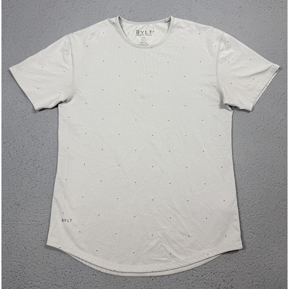 BYLT Drop Cut LUX Shirt Mens Large Gray Polka Dot Curved Hem Tagless Tee